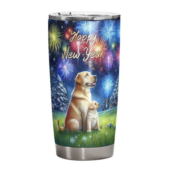 Happy New Year Labrador Retriever Family Cheer Winter Midnight Firework 20oz Stainless Steel Tumbler Insulated Cup with Lid Lab Dog Lover Gifts - 02025