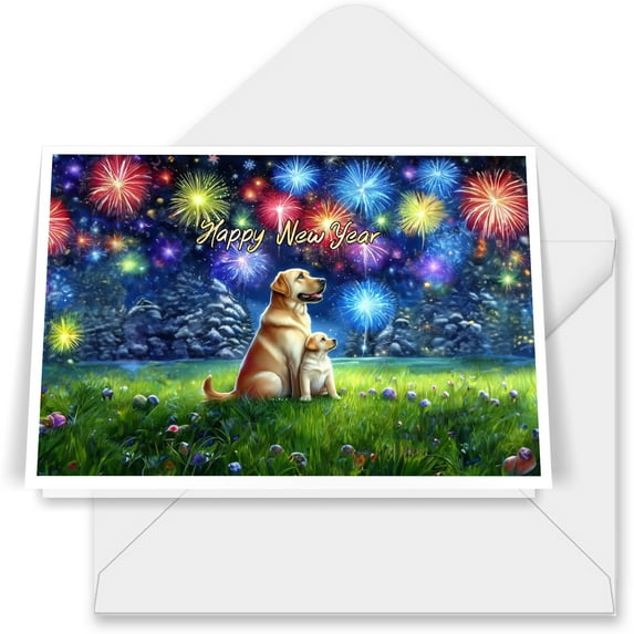 Happy New Year Labrador Retriever Family Cheer Winter Midnight Firework 7x5in Folded Greeting Card Lab Dog Lover Gifts Single Note Card with Envelope - 02025