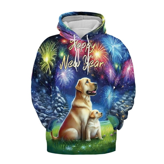 Happy New Year Labrador Retriever Family Cheer Winter Midnight Firework All Over Print 3D Hoodie Unisex Merch Hoodies Lab Dog Lover Gifts - 02025