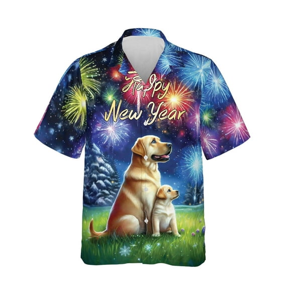 Happy New Year Labrador Retriever Family Cheer Winter Midnight Firework Hawaiian Shirt Breathable Summer Unisex Merch Lab Dog Lover Gifts - 02025