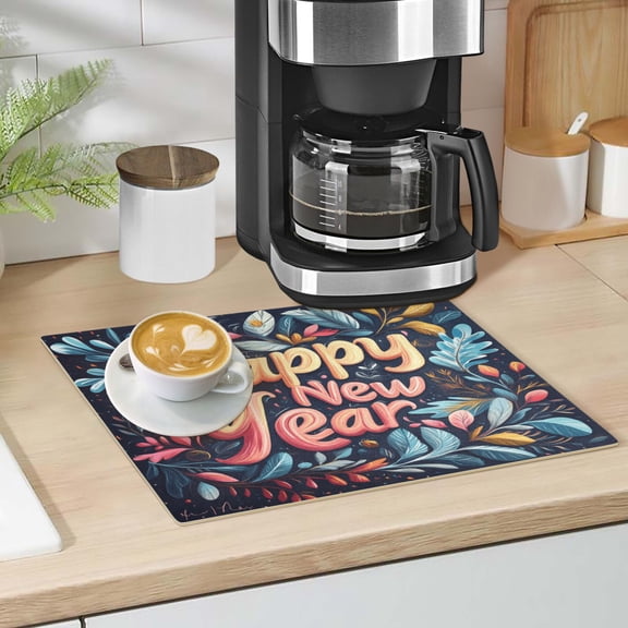 Happy New Year Leaves Dish Drying Mat 12"x18" Kitchen Counter Dish Pad Microfiber Absorbent Drainer Rack for Coffee Bar