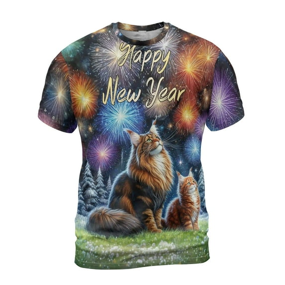 Happy New Year Maine Coon Family Cheer Winter Midnight Firework All Over Print 3D Shirt Unisex Merch Cat Lover Kitten Owner Gifts - 02025