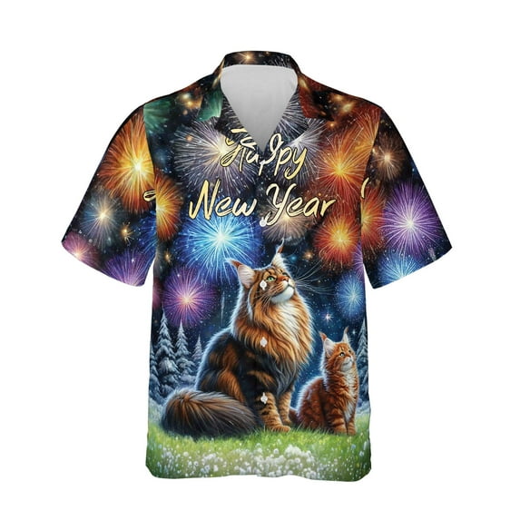 Happy New Year Maine Coon Family Cheer Winter Midnight Firework Hawaiian Shirt Breathable Summer Unisex Merch Cat Lover Kitten Owner Gifts - 02025