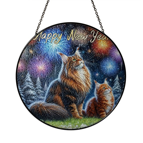 Happy New Year Maine Coon Family Cheer Winter Midnight Firework Stained Glass Suncatcher Cat Lover Kitten Owner Gifts Window Hanging Sign Decor - 02025