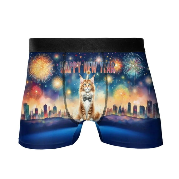 Happy New Year with Maine Coon Fireworks Holiday Xmas Winter 2025 All Over Print Boxer Briefs Underwear for Men Dad Cat Lover Kitten Owner Gifts - 00025