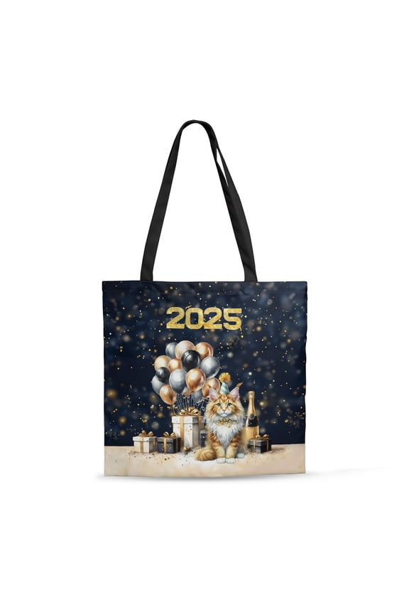 Happy New Year Maine Coon Welcome 2025 Balloon Firework Party All Over Print 3D Canvas Tote Bag Cat Lover Kitten Owner Gifts Reusable Handbag - 01014