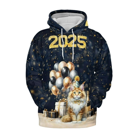 Happy New Year Maine Coon Welcome 2025 Balloon Firework Party All Over Print 3D Hoodie Unisex Merch Hoodies Cat Lover Kitten Owner Gifts - 01014