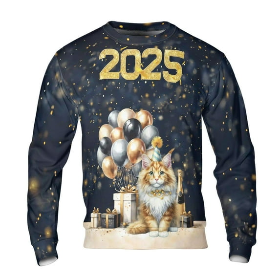 Happy New Year Maine Coon Welcome 2025 Balloon Firework Party All Over Print 3D Sweatshirt Unisex Merch Cat Lover Kitten Owner Gifts - 01014