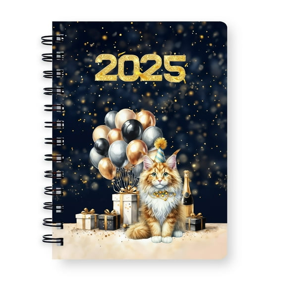 Happy New Year Maine Coon Welcome 2025 Balloon Firework Party Spiral Bound Journal Cat Lover Kitten Owner Gifts 5x7in Spiral Notebook - 01014