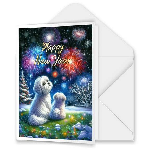 Happy New Year Maltese Family Cheer Winter Midnight Firework 5x7in Folded Greeting Card Maltese Dog Lover Gifts Idea Single Note Card with Envelope - 02025