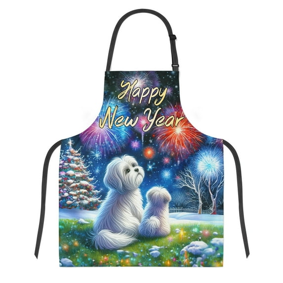 Happy New Year Maltese Family Cheer Winter Midnight Firework Apron Maltese Dog Lover Gifts Idea for Cooking Grilling Baking Painting Gardening - 02025