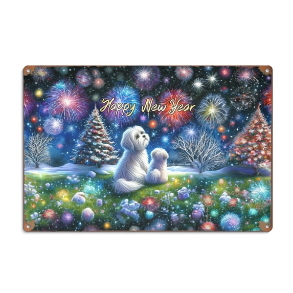 Happy New Year Maltese Family Cheer Winter Midnight Firework Horizontal Metal Aluminum Sign Maltese Dog Lover Gifts Idea Wall Art Home Decor - 02025