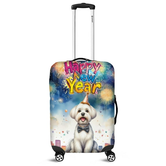 Happy New Year with Maltese Fireworks Holiday Xmas Winter 2025 Travel Luggage Cover Maltese Dog Lover Gifts Idea Suitcase Dust Protective Decor - 00025