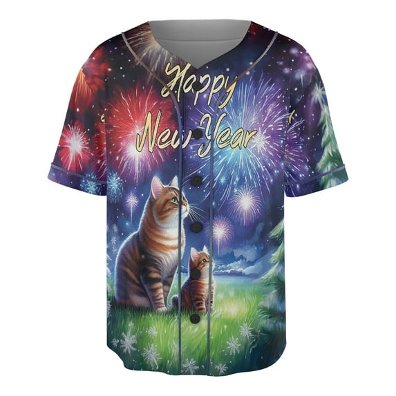 Happy New Year Manx Family Cheer Winter Midnight Firework All Over Print 3D Baseball Shirt Cat Lover Kitten Owner Gifts Softball Sport - 02025