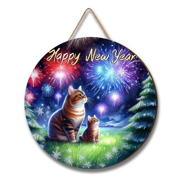 Happy New Year Manx Family Cheer Winter Midnight Firework Round Wood Sign Cat Lover Kitten Owner Gifts Hanging Wall Home Decor - 02025
