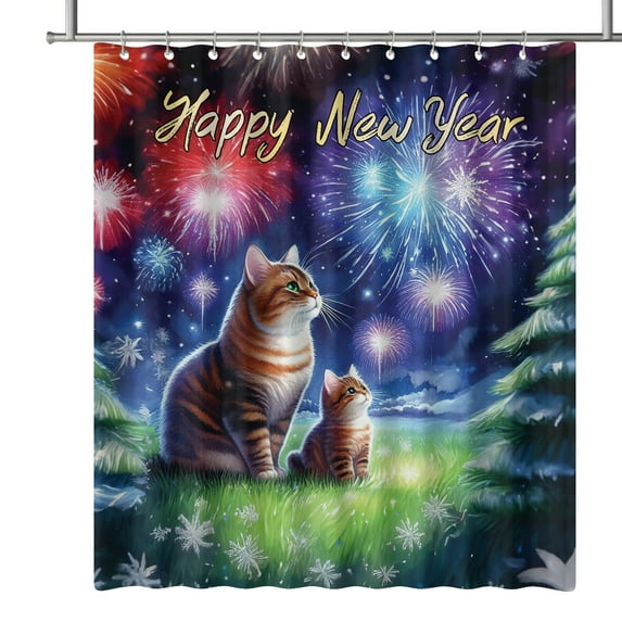 Happy New Year Manx Family Cheer Winter Midnight Firework Shower Curtain Cat Lover Kitten Owner Gifts Waterproof Bathroom Bathtub Curtain - 02025