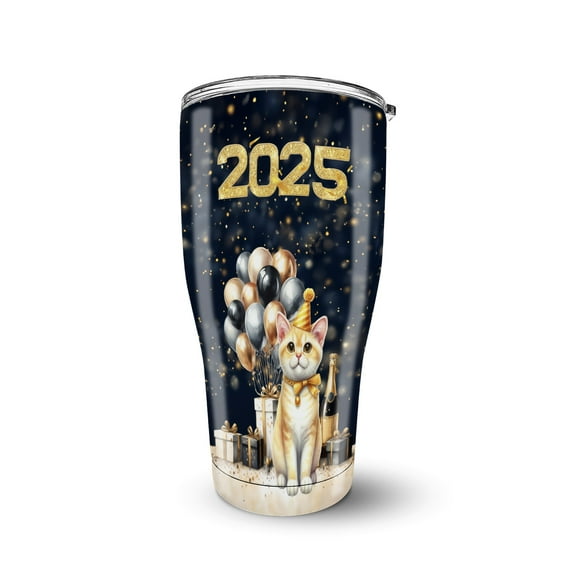 Happy New Year Manx Welcome 2025 Balloon Firework Party 30oz Stainless Steel Tumbler Insulated Cup with Lid Cat Lover Kitten Owner Gifts - 01014