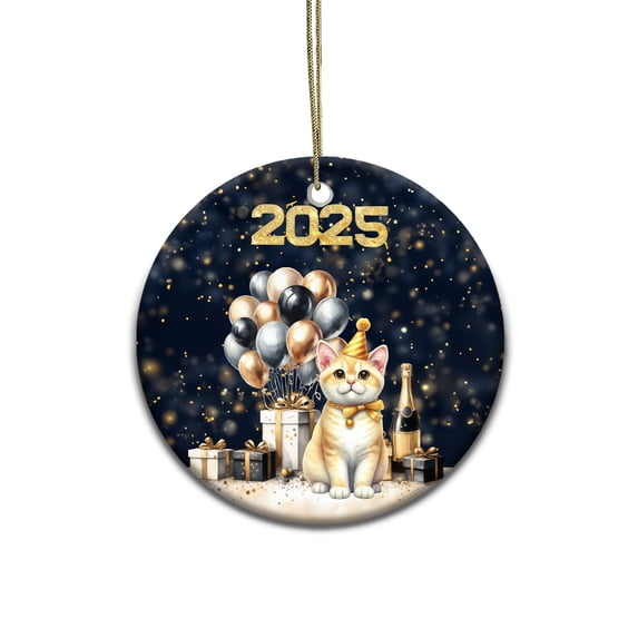 Happy New Year Manx Welcome 2025 Balloon Firework Party Ceramic Round Ornament Cat Lover Kitten Owner Gifts Home Tree Decor - 01014