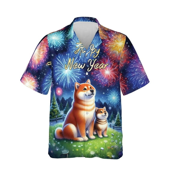 Happy New Year Mastiff Family Cheer Winter Midnight Firework Hawaiian Shirt Breathable Summer Unisex Merch Shibas Dog Lovers Gifts Idea - 02025