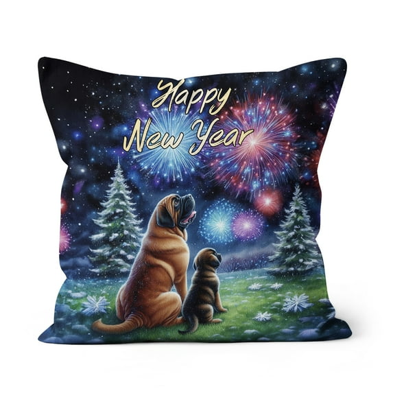 Happy New Year Mastiff Family Cheer Winter Midnight Firework Pillow Cushion Double Sided Mastiffs Dog Lover Gifts Idea Throw Pillow - 02025