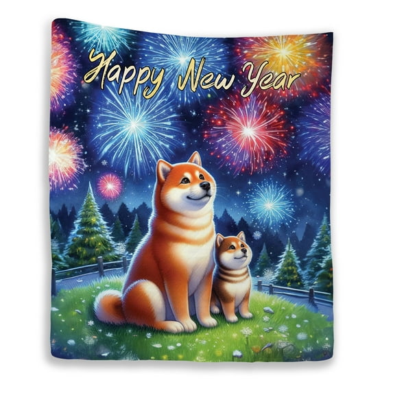 Happy New Year Mastiff Family Cheer Winter Midnight Firework Quilt Blanket Shibas Dog Lovers Gifts Idea Cozy Comforter Throw Blanket - 02025