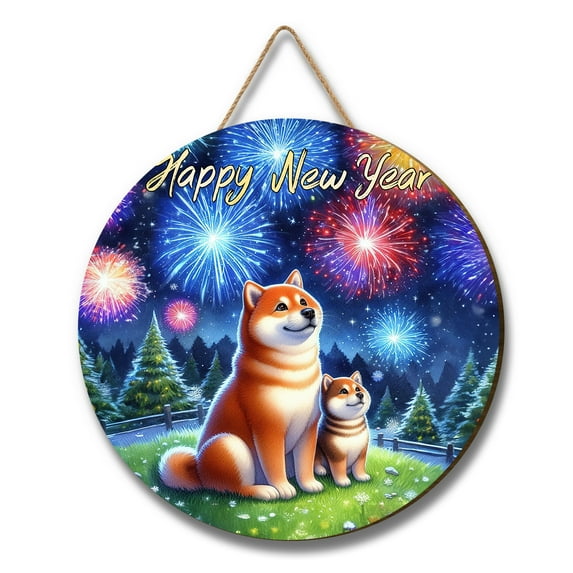 Happy New Year Mastiff Family Cheer Winter Midnight Firework Round Wood Sign Shibas Dog Lovers Gifts Idea Hanging Wall Home Decor - 02025