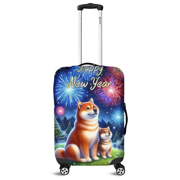 Happy New Year Mastiff Family Cheer Winter Midnight Firework Travel Luggage Cover Shibas Dog Lovers Gifts Idea Suitcase Dust Protective Decor - 02025
