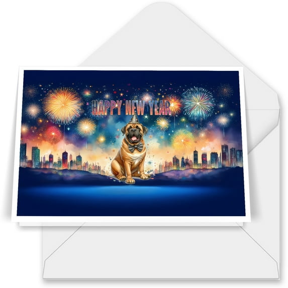 Happy New Year with Mastiff Fireworks Holiday Xmas Winter 2025 7x5in Folded Greeting Card Mastiffs Dog Lover Gifts Idea Single Note Card with Envelope - 00025