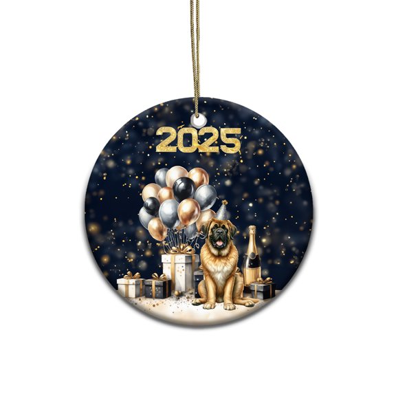 Happy New Year Mastiff Welcome 2025 Balloon Firework Party Ceramic Round Ornament Mastiffs Dog Lover Gifts Idea Home Tree Decor - 01014