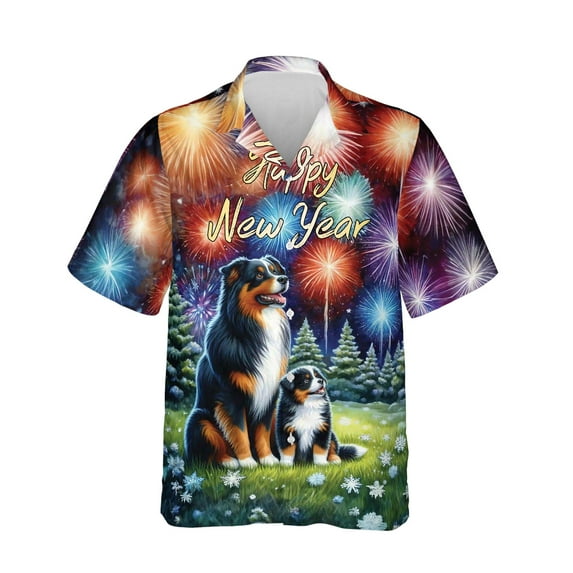 Happy New Year Miniature American Shepherd Family Cheer Winter Midnight Firework Hawaiian Shirt Breathable Summer Unisex Merch MAS Dog Lover Gifts - 02025