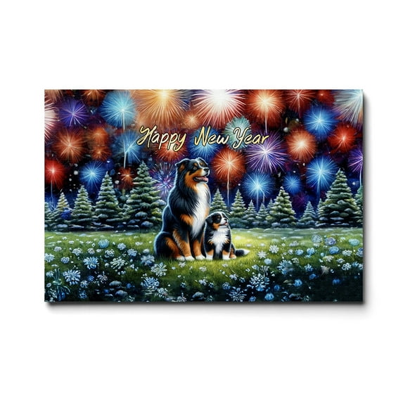 Happy New Year Miniature American Shepherd Family Cheer Winter Midnight Firework Horizontal Matte Canvas Poster MAS Dog Lover Gifts Wall Art Home Decor - 02025