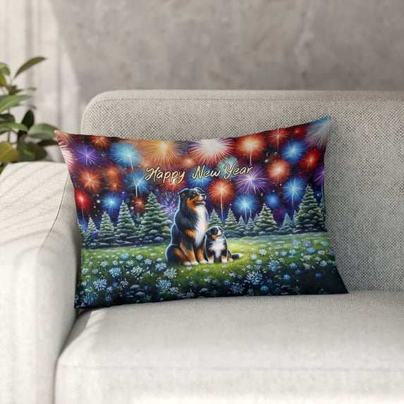 Happy New Year Miniature American Shepherd Family Cheer Winter Midnight Firework Pillowcase Double Sided MAS Dog Lover Gifts Pillow Case Covers - 02025