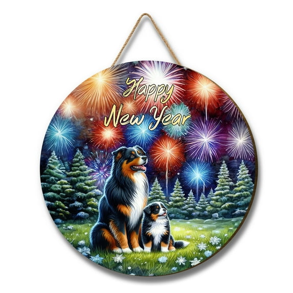 Happy New Year Miniature American Shepherd Family Cheer Winter Midnight Firework Round Wood Sign MAS Dog Lover Gifts Hanging Wall Home Decor - 02025