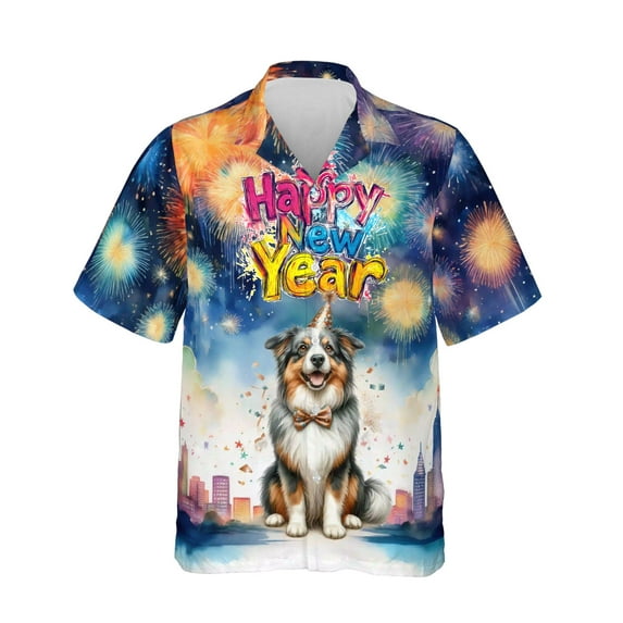 Happy New Year with Miniature American Shepherd Fireworks Holiday Xmas Winter 2025 Hawaiian Shirt Breathable Summer Unisex Merch MAS Dog Lover Gifts - 00025