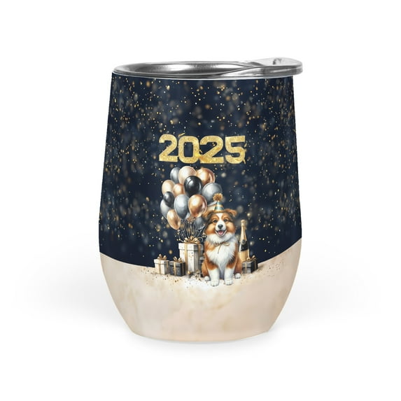 Happy New Year Miniature American Shepherd Welcome 2025 Balloon Firework Party 12oz Stainless Steel Wine Tumbler Insulated Cup with Lid MAS Dog Lover Gifts - 01014