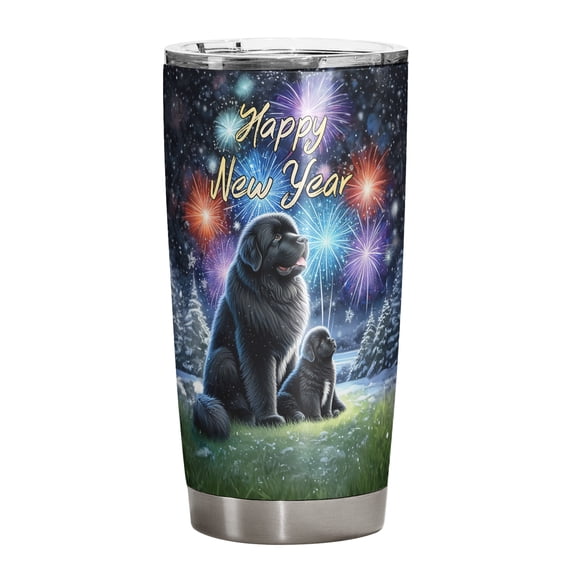 Happy New Year Newfoundland Family Cheer Winter Midnight Firework 20oz Stainless Steel Tumbler Insulated Cup with Lid Newfie Dog Lover Gifts - 02025
