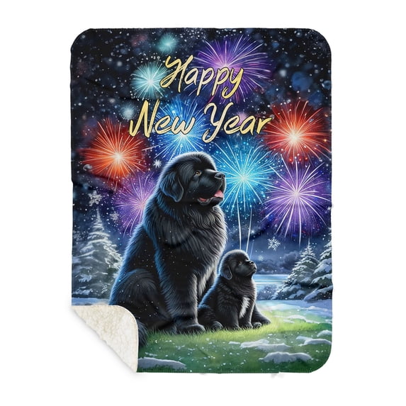 Happy New Year Newfoundland Family Cheer Winter Midnight Firework Cozy Sherpa Blanket Newfie Dog Lover Gifts Warm Soft Throw Blanket - 02025