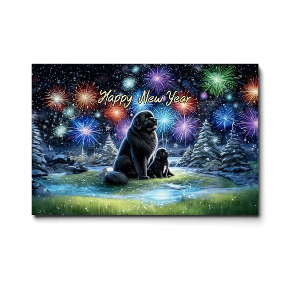Happy New Year Newfoundland Family Cheer Winter Midnight Firework Horizontal Matte Canvas Poster Newfie Dog Lover Gifts Wall Art Home Decor - 02025