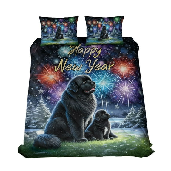 Happy New Year Newfoundland Family Cheer Winter Midnight Firework Quilt Bedding Set Newfie Dog Lover Gifts 1 Blanket Bed Cover 2 Pillowcases - 02025