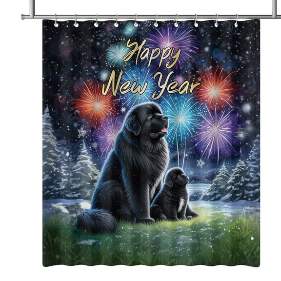 Happy New Year Newfoundland Family Cheer Winter Midnight Firework Shower Curtain Newfie Dog Lover Gifts Waterproof Bathroom Bathtub Curtain - 02025