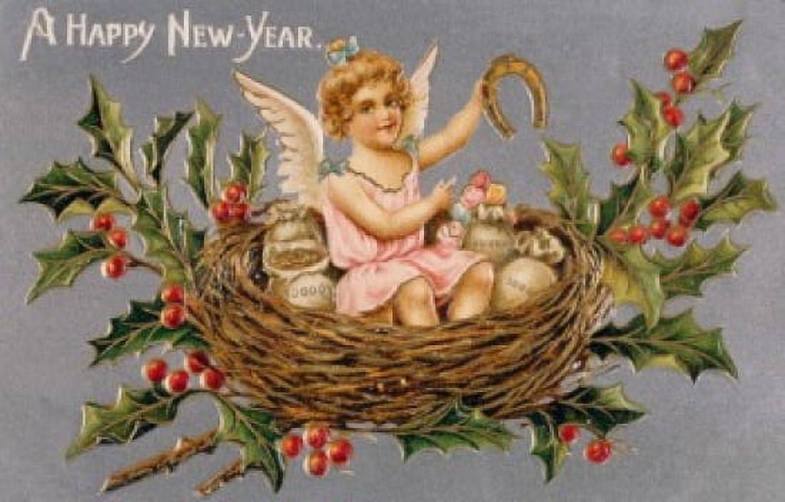 Happy New Year Nostalgia Cards 1900 Canvas Art - (18 x 24)