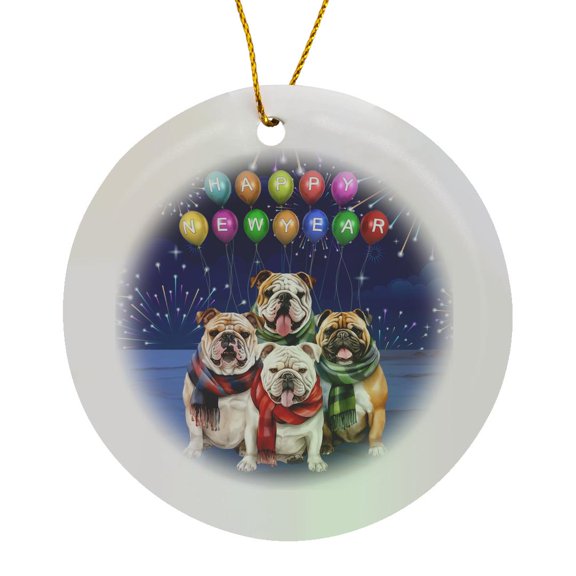 3drose, Happy New Year on Balloons with a Group of Cute Bulldogs, Circle Porcelain Ornament
