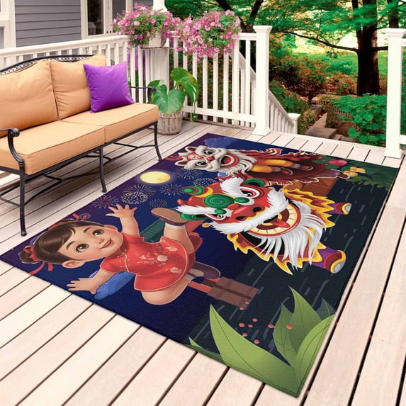 Happy New Year Outdoor Rug 5x8 Ft, Non Slip Washable Area Rug, Cartoon Girl Oriental Dance Lions Fireworks Patio Rugs Carpet Runner, Large Floor Mat for Indoor/Outdoor Deck Porch Camping