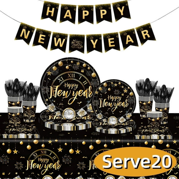 Happy New Year Paper Plates 2026 New Year Party Decoration Supplies New Year Eve Party Dinnerware Set with Tablecloth, Baner, Cups Serve 20