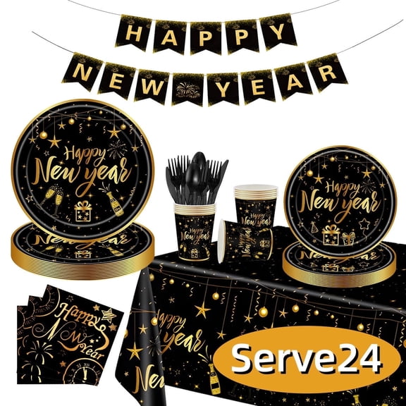 Happy New Year Paper Plates 2026 New Year Party Decoration Supplies New Year Eve Party Dinnerware Set with Tablecloth, Baner, Cups Serve 24