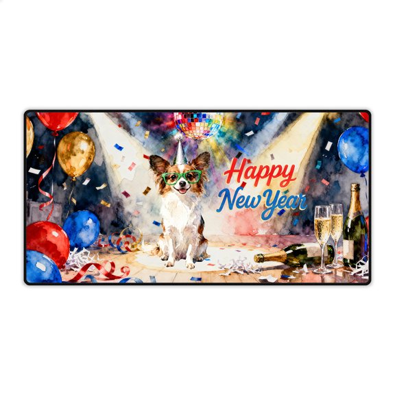 Happy New Year Papillon Chills on Year-End Party Desk Mat Full Keyboard Mouse Pad Pap Butterfly Dog Lover Large Mousepad - 12023