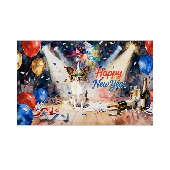 Happy New Year Papillon Chills on Year-End Party Doormat Pap Butterfly Dog Lover Indoor Outdoor Welcome Mat - 12023