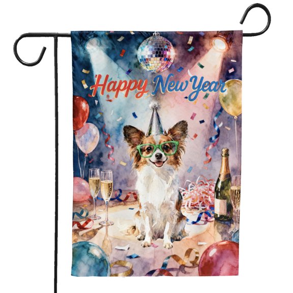 Happy New Year Papillon Chills on Year-End Party Garden Flag 12x18in Double Sided Pap Butterfly Dog Lover Outdoor Decor - 12023