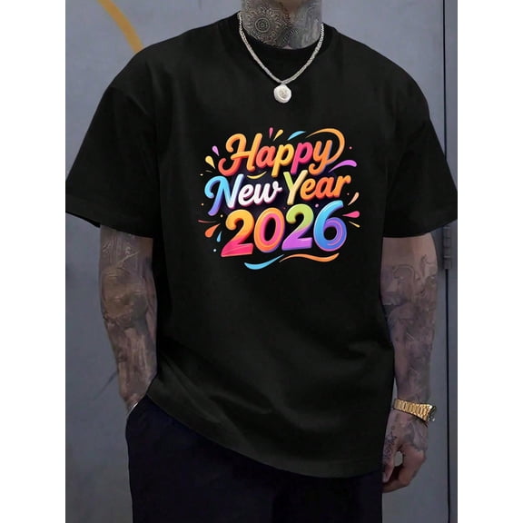 Happy New Year Party 2026 Ballon Family Matching Men Women T-Shirt - Soft 100% Cotton, Breathable, Casual Short Sleeve Top For Men