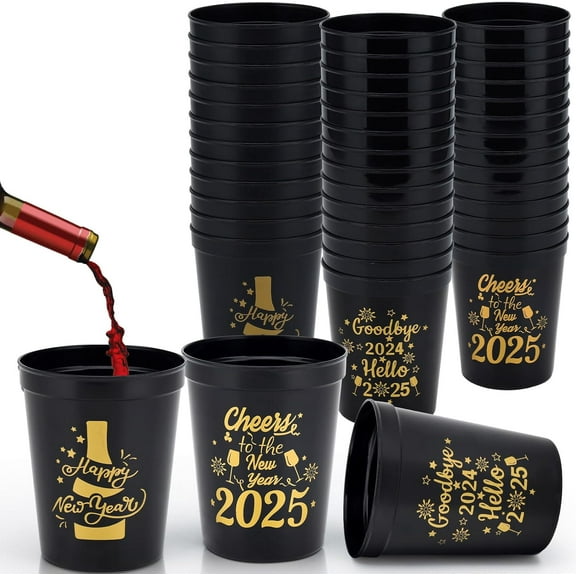 Happy New Year Party Cups - 12 Pack Reusable Tumblers, 12oz Plastic Holiday Stadium Cups, 3 Festive Drinking Pun Designs, Perfect for Happy New Year Eve Party Supplies 2025